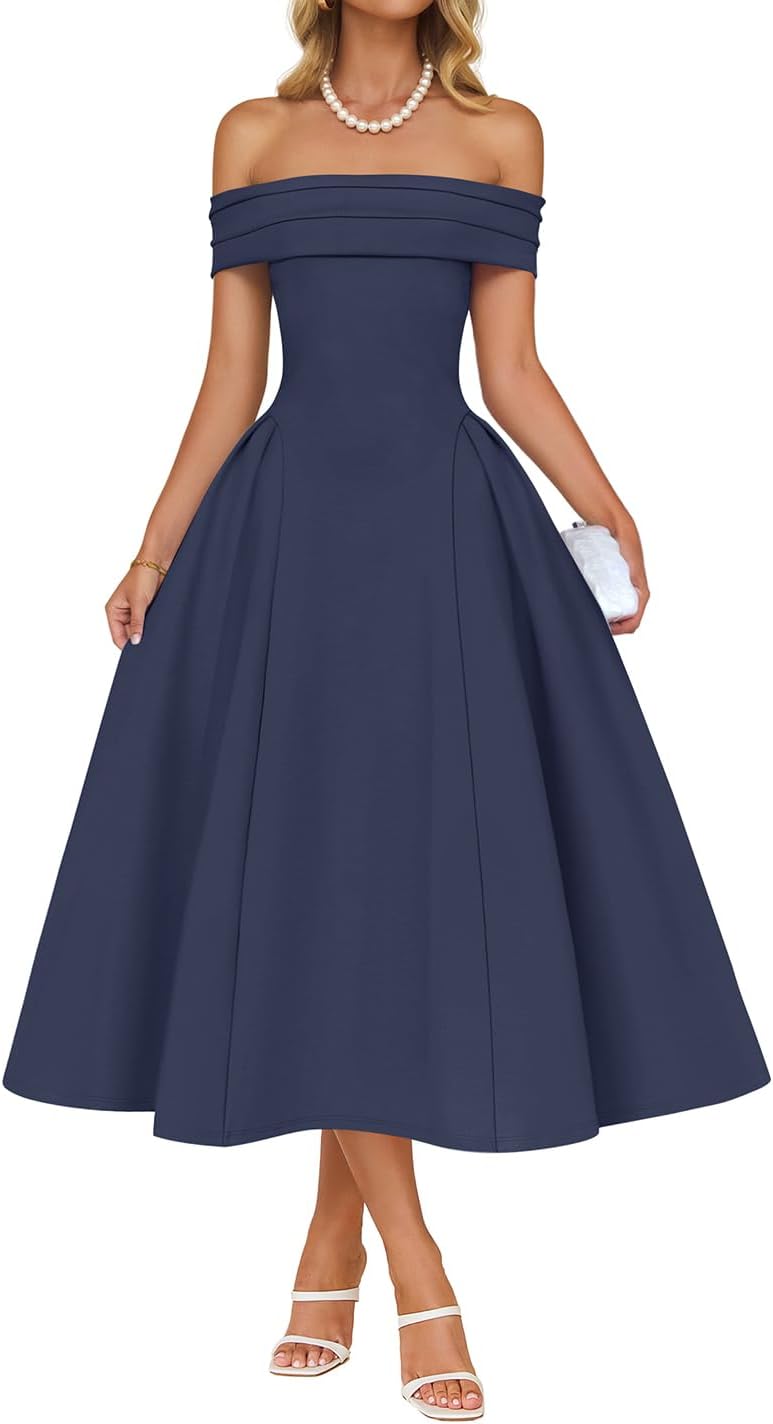 Off-shoulder cocktail dress with flowy A-line skirt and high waist