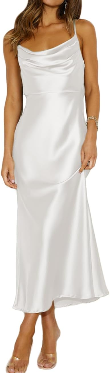 Satin cowl neck midi dress with spaghetti straps and open backless back