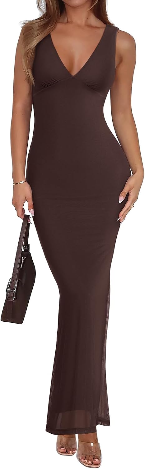 Sleeveless V-neck maxi dress with sheer mesh overlay and fitted silhouette
