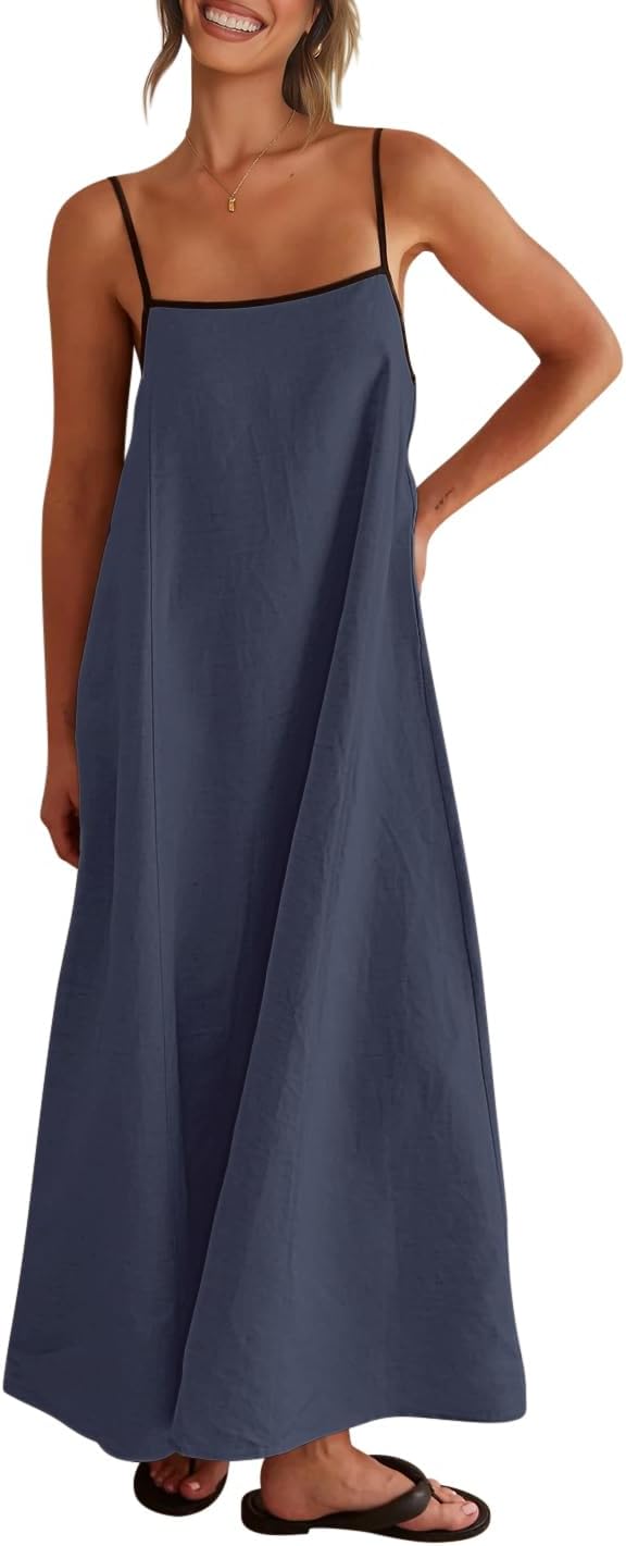 Linen-look maxi dress with spaghetti straps, side pockets, and boho styling