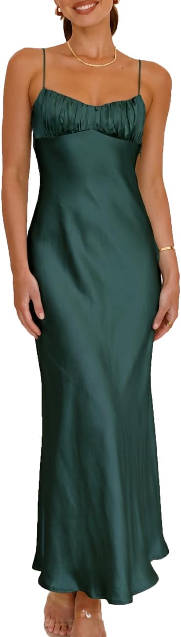 Front view of satin backless midi dress