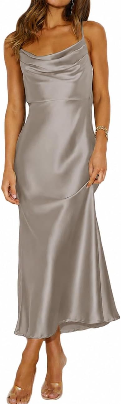 Satin cowl neck midi dress with spaghetti straps and open backless back