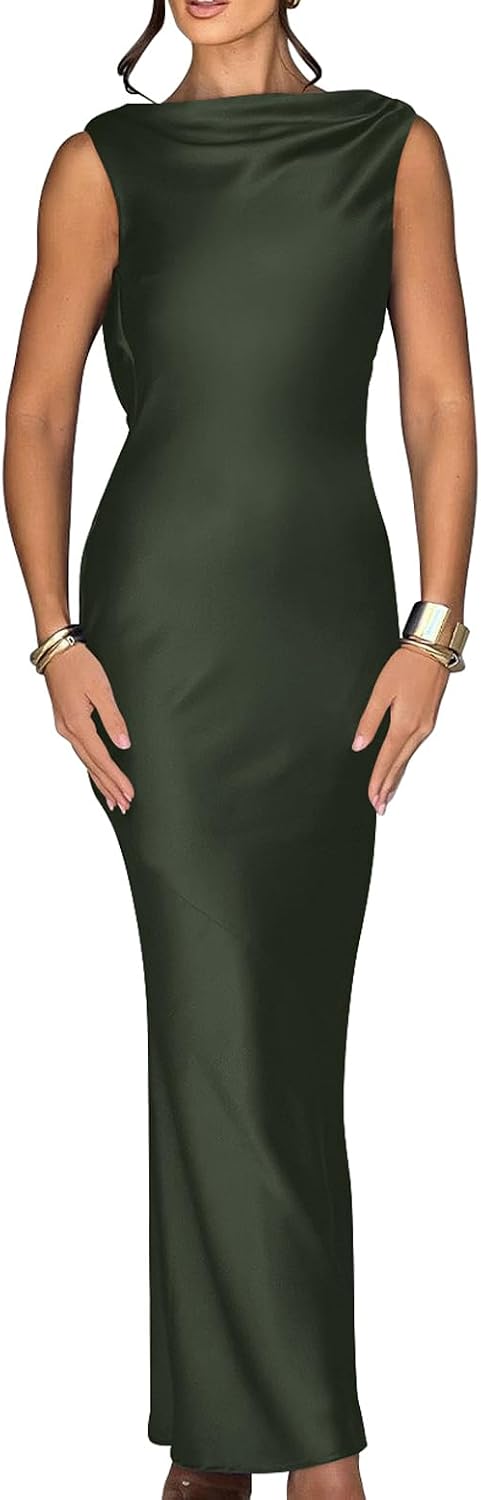 Elegant sleeveless maxi dress with tie high neckline