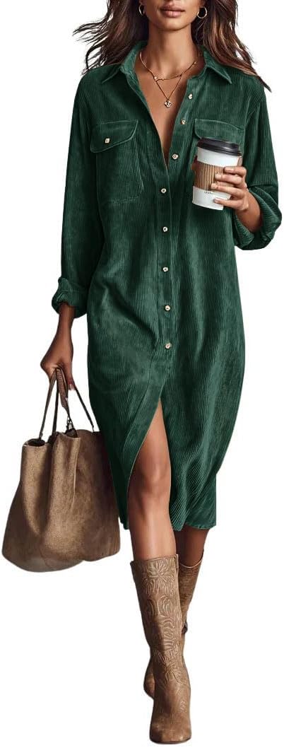 Model wearing corduroy shirt dress