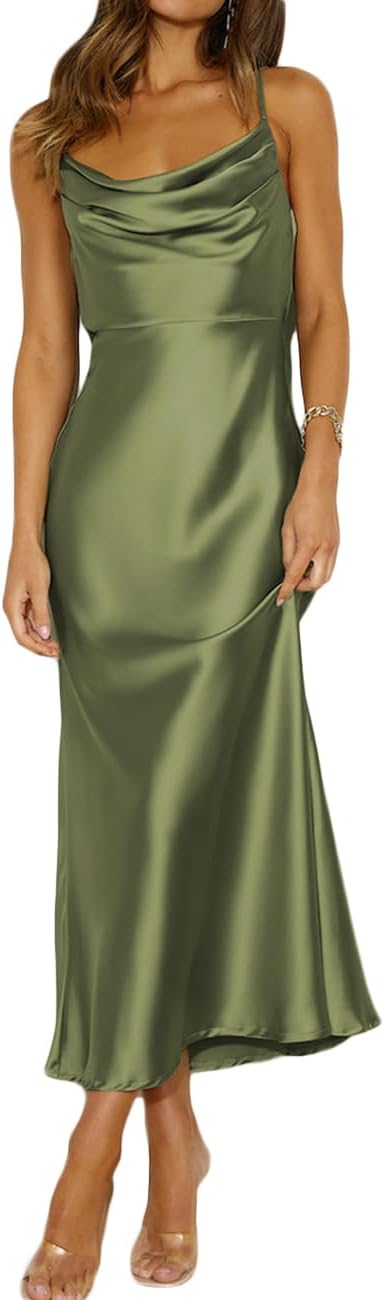 Satin cowl neck midi dress with spaghetti straps and open backless back