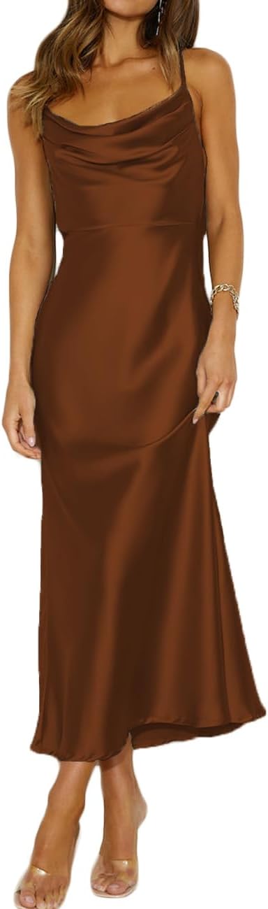 Satin cowl neck midi dress with spaghetti straps and open backless back