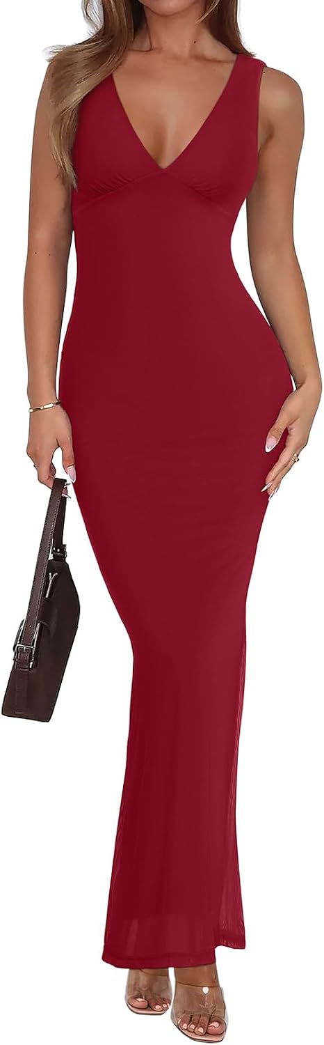 Sleeveless V-neck maxi dress with sheer mesh overlay and fitted silhouette