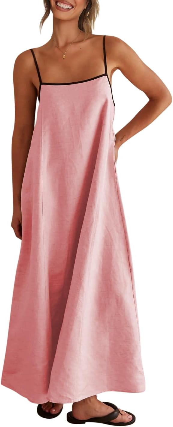 Linen-look maxi dress with spaghetti straps, side pockets, and boho styling