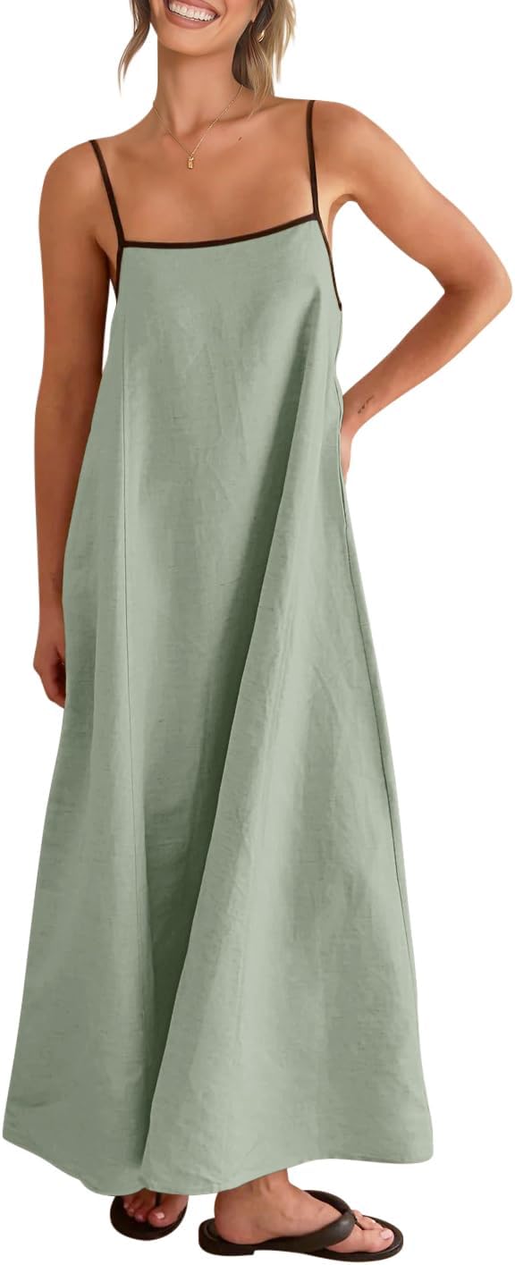 Linen-look maxi dress with spaghetti straps, side pockets, and boho styling