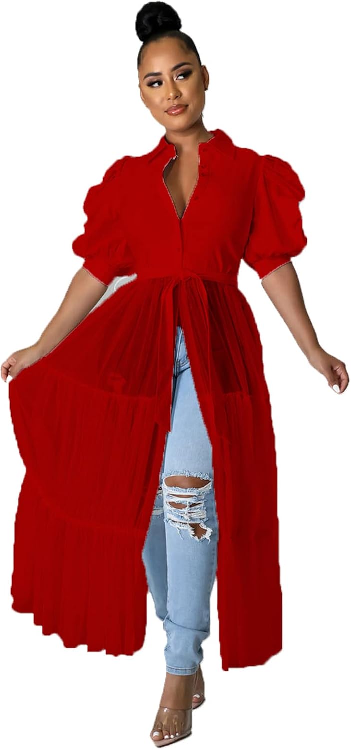 Ruffle tunic dress with belt and asymmetrical hem