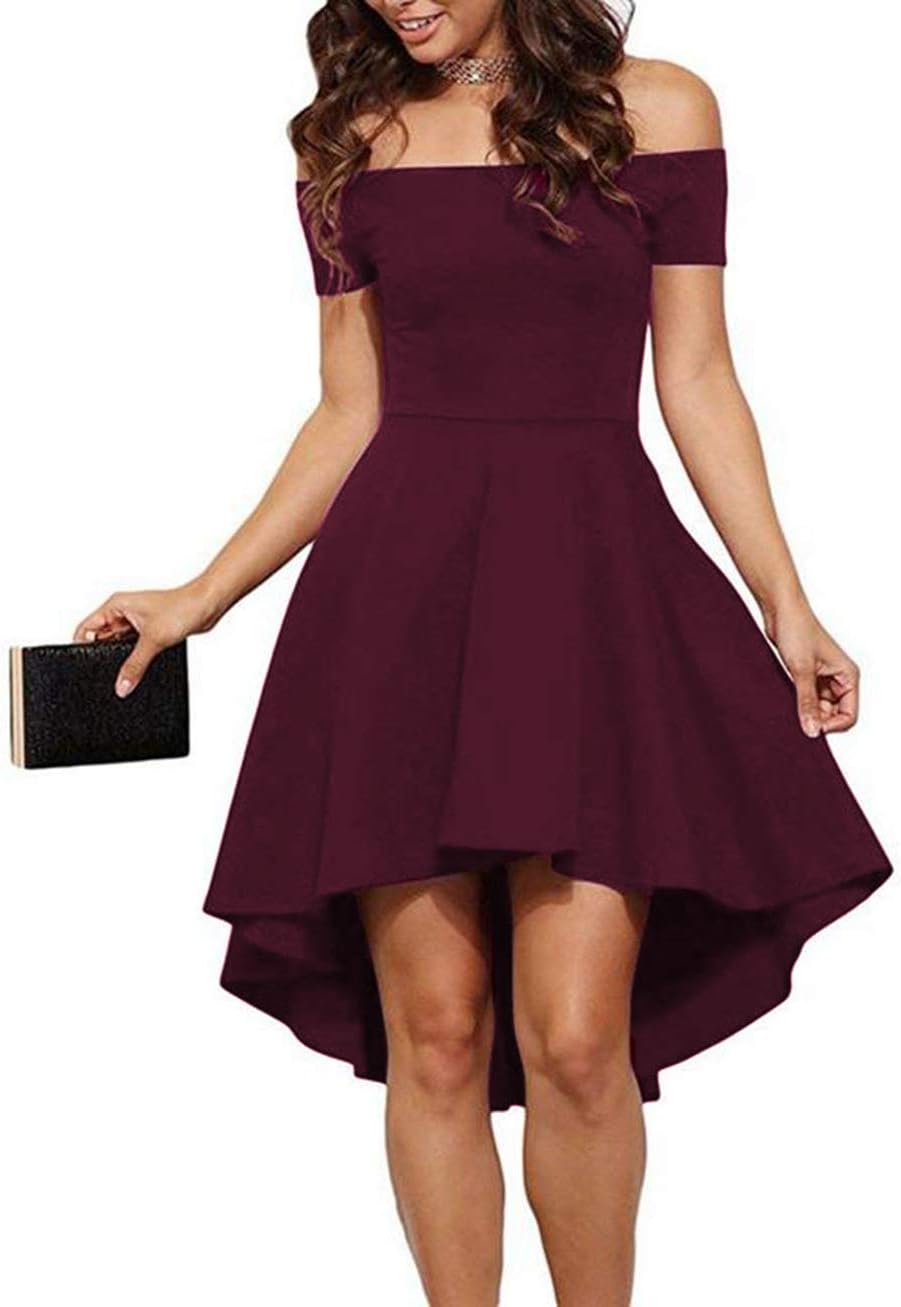 Off-the-shoulder skater dress with short sleeves and high-low hem