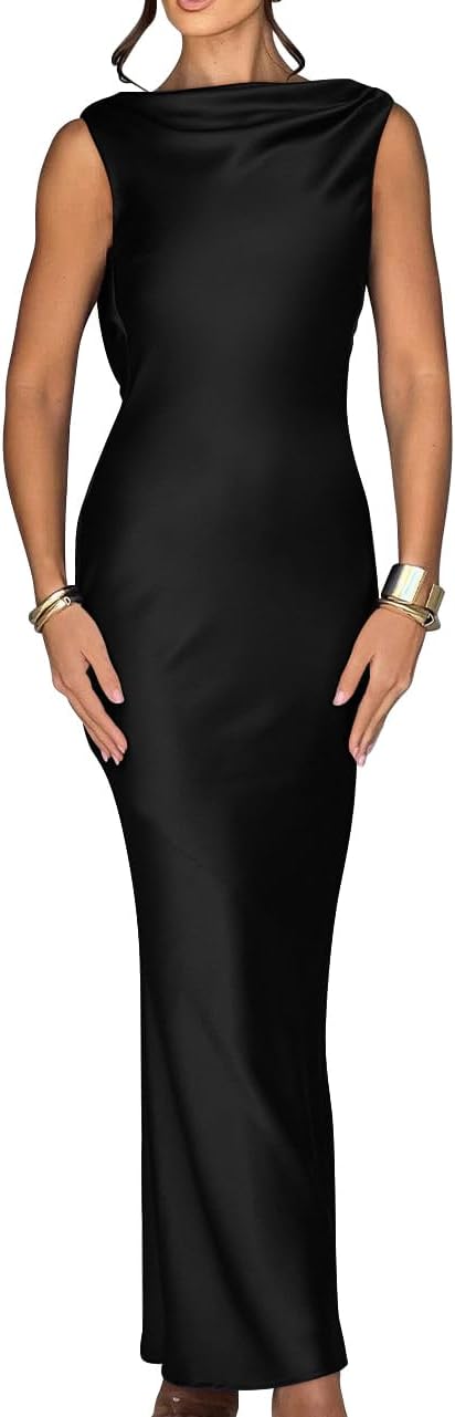 Elegant sleeveless maxi dress with tie high neckline
