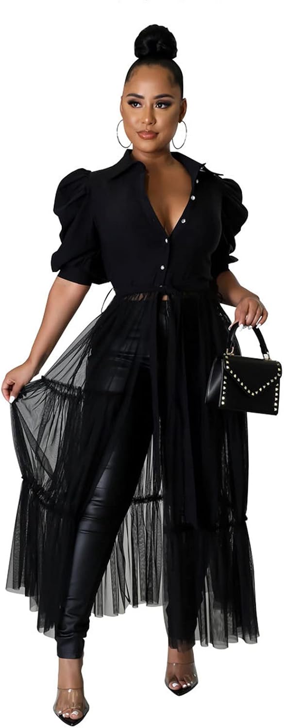 Ruffle tunic dress with belt and asymmetrical hem