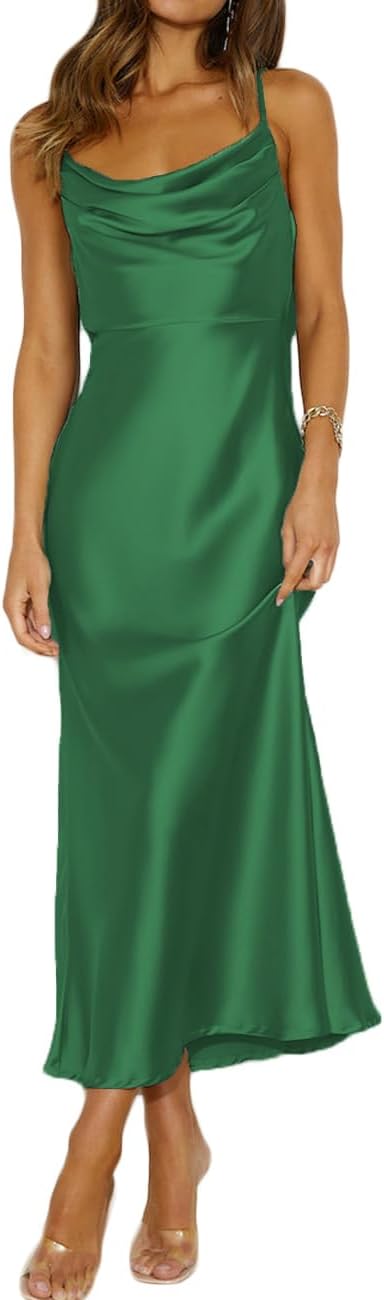 Satin cowl neck midi dress with spaghetti straps and open backless back