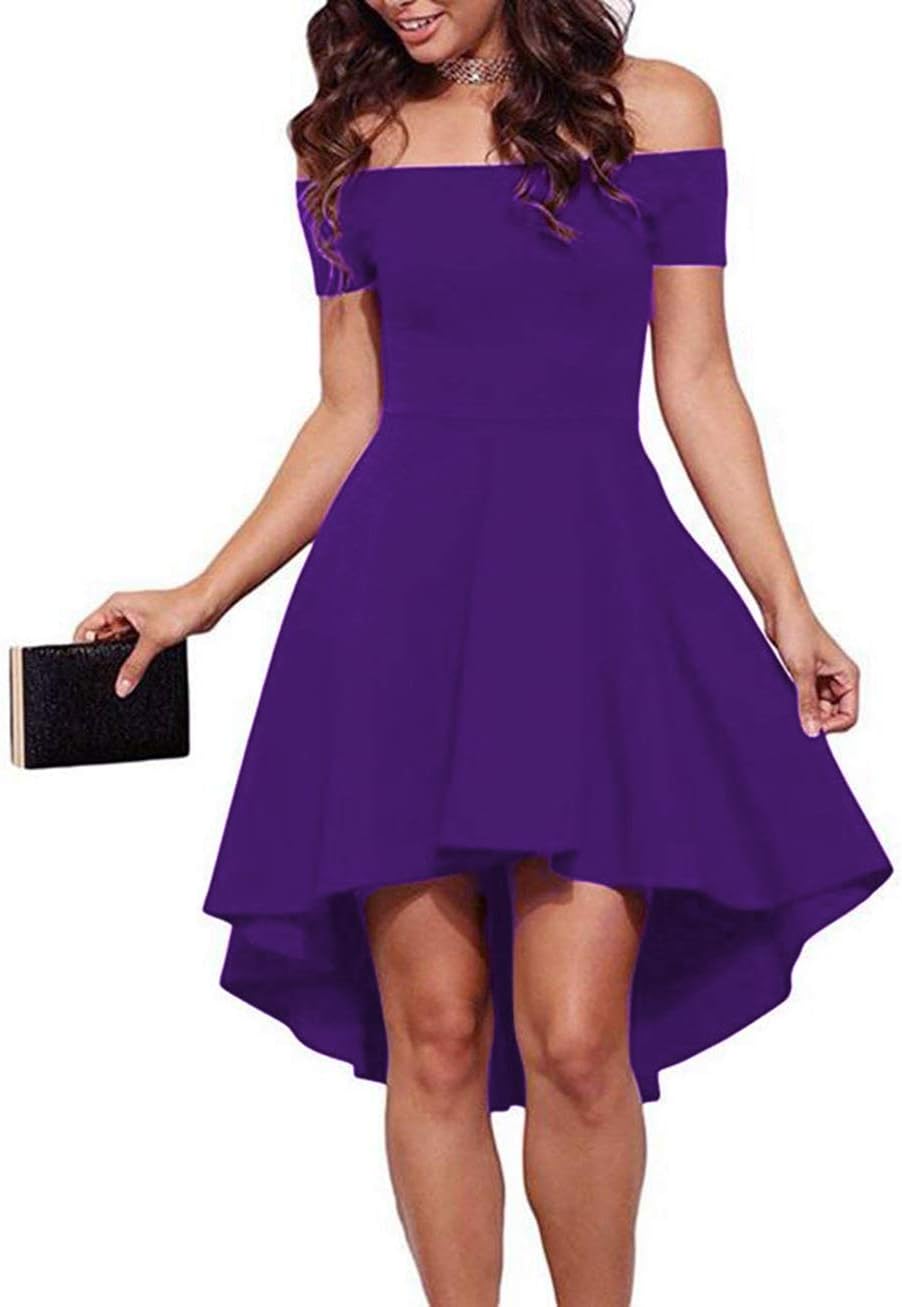 Off-the-shoulder skater dress with short sleeves and high-low hem