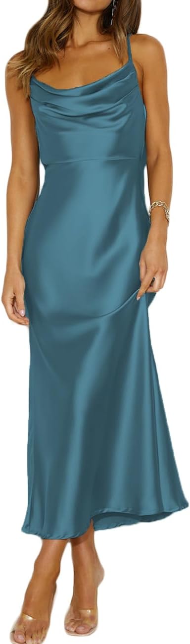 Satin cowl neck midi dress with spaghetti straps and open backless back