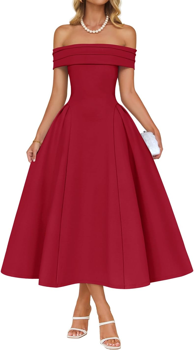 Off-shoulder cocktail dress with flowy A-line skirt and high waist