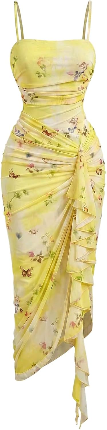 Floral mesh bodycon midi dress with high slit and ruched detailing