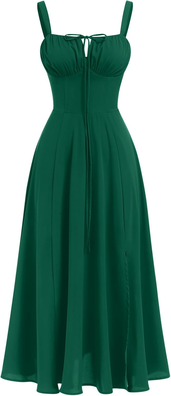 ABEHIK Women Floral Corset Dress Summer Dress 2026 Boho Flowy Slit Lace Up Midi Dresses Going Out A Line Casual Sundress