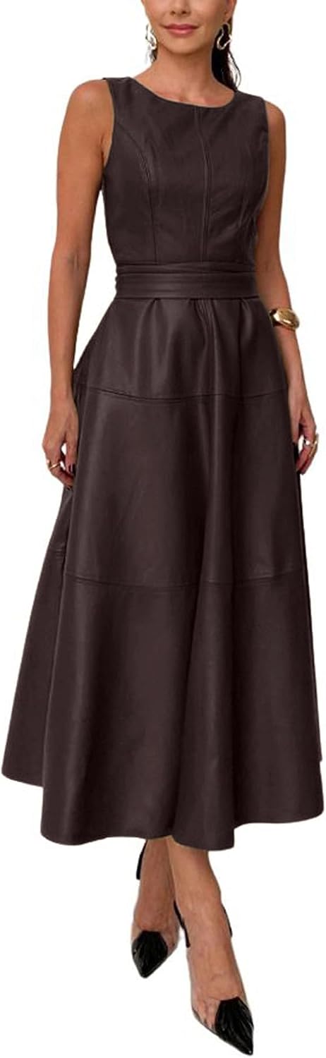 Faux leather sleeveless maxi dress with matching waist belt