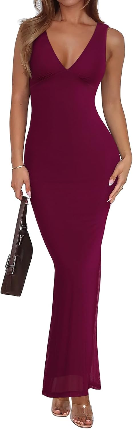 Sleeveless V-neck maxi dress with sheer mesh overlay and fitted silhouette