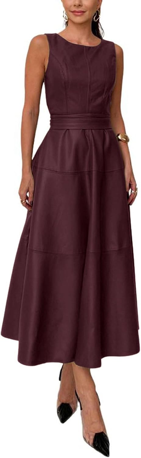 Faux leather sleeveless maxi dress with matching waist belt