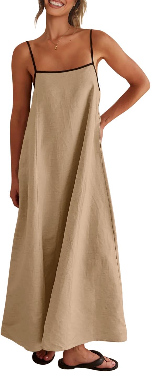 Linen-look maxi dress with spaghetti straps, side pockets, and boho styling