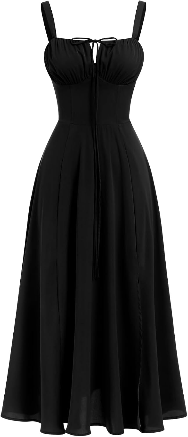 ABEHIK Women Floral Corset Dress Summer Dress 2026 Boho Flowy Slit Lace Up Midi Dresses Going Out A Line Casual Sundress