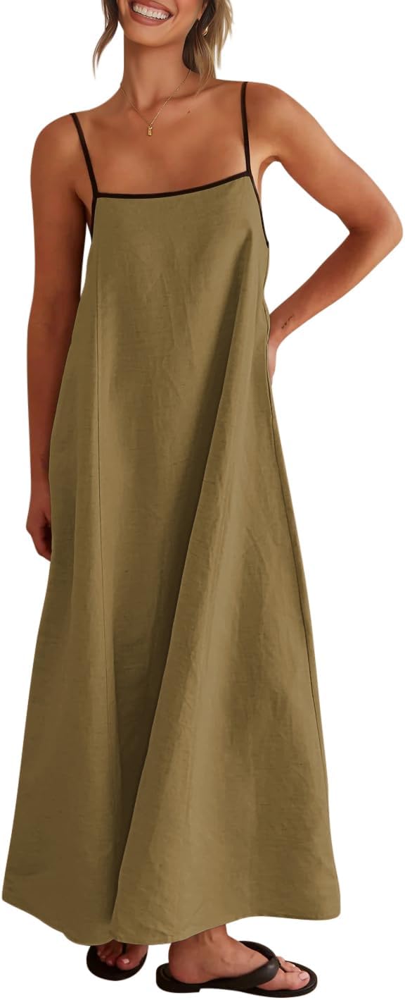 Linen-look maxi dress with spaghetti straps, side pockets, and boho styling