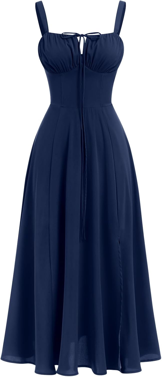 ABEHIK Women Floral Corset Dress Summer Dress 2026 Boho Flowy Slit Lace Up Midi Dresses Going Out A Line Casual Sundress