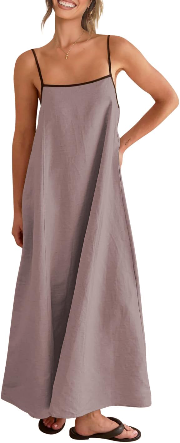 Linen-look maxi dress with spaghetti straps, side pockets, and boho styling