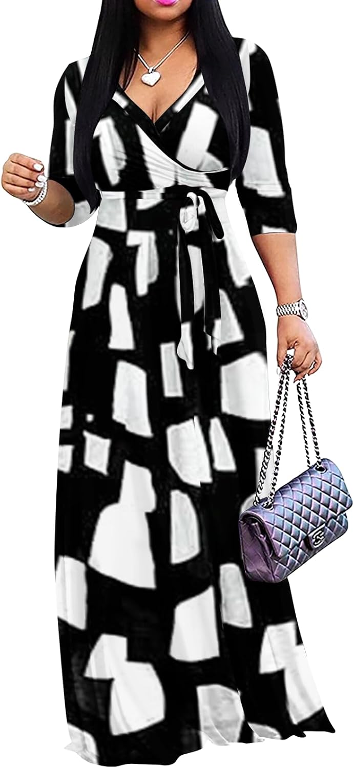 Wrap-style maxi dress with V-neck, 3/4 sleeves, and side pockets