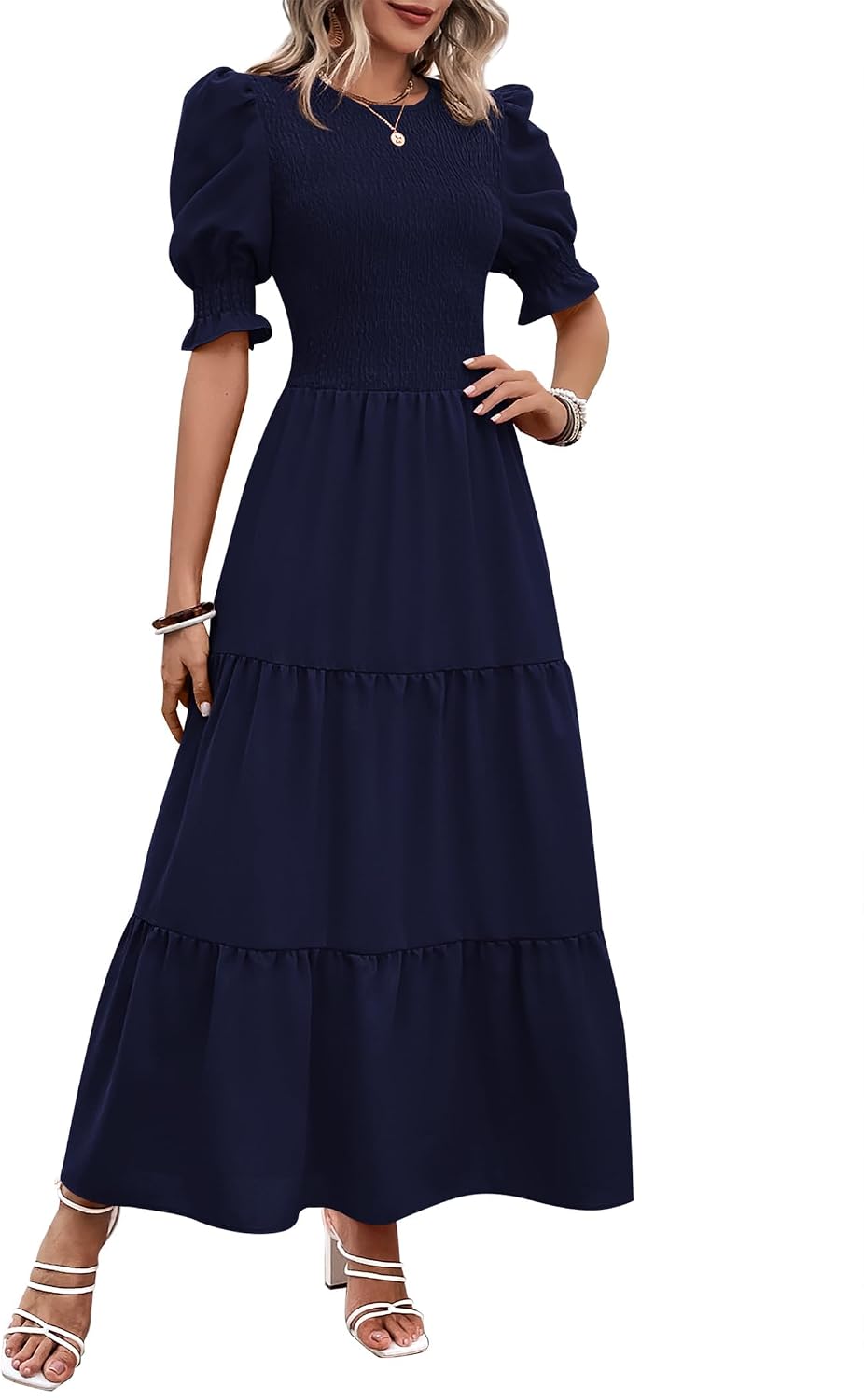Smocked maxi dress with puff sleeves and tiered skirt