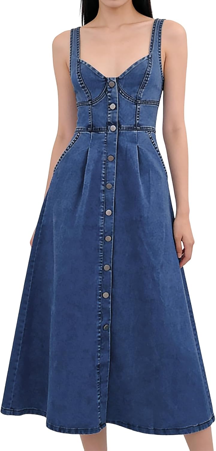 Sleeveless button-down denim midi dress with a slim, fitted silhouette