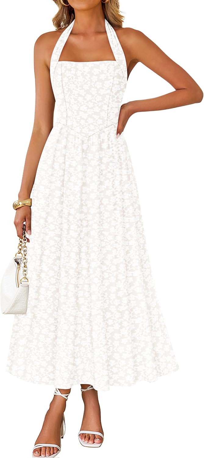 Floral halter maxi dress with flowy A-line skirt