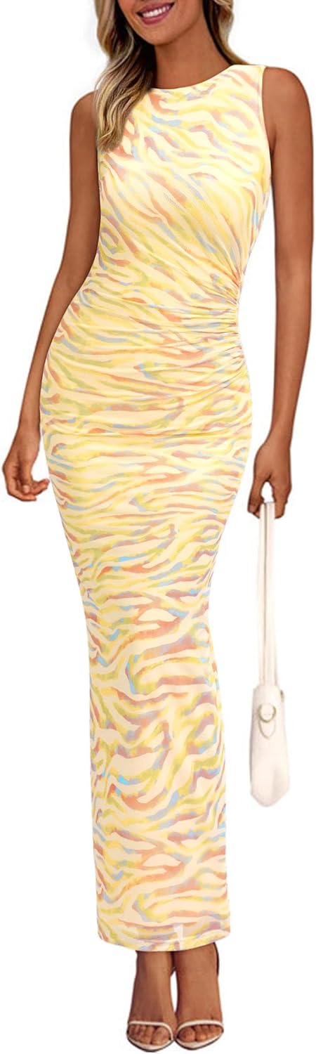 Floral mesh maxi dress with sleeveless design and ruched bodycon detailing