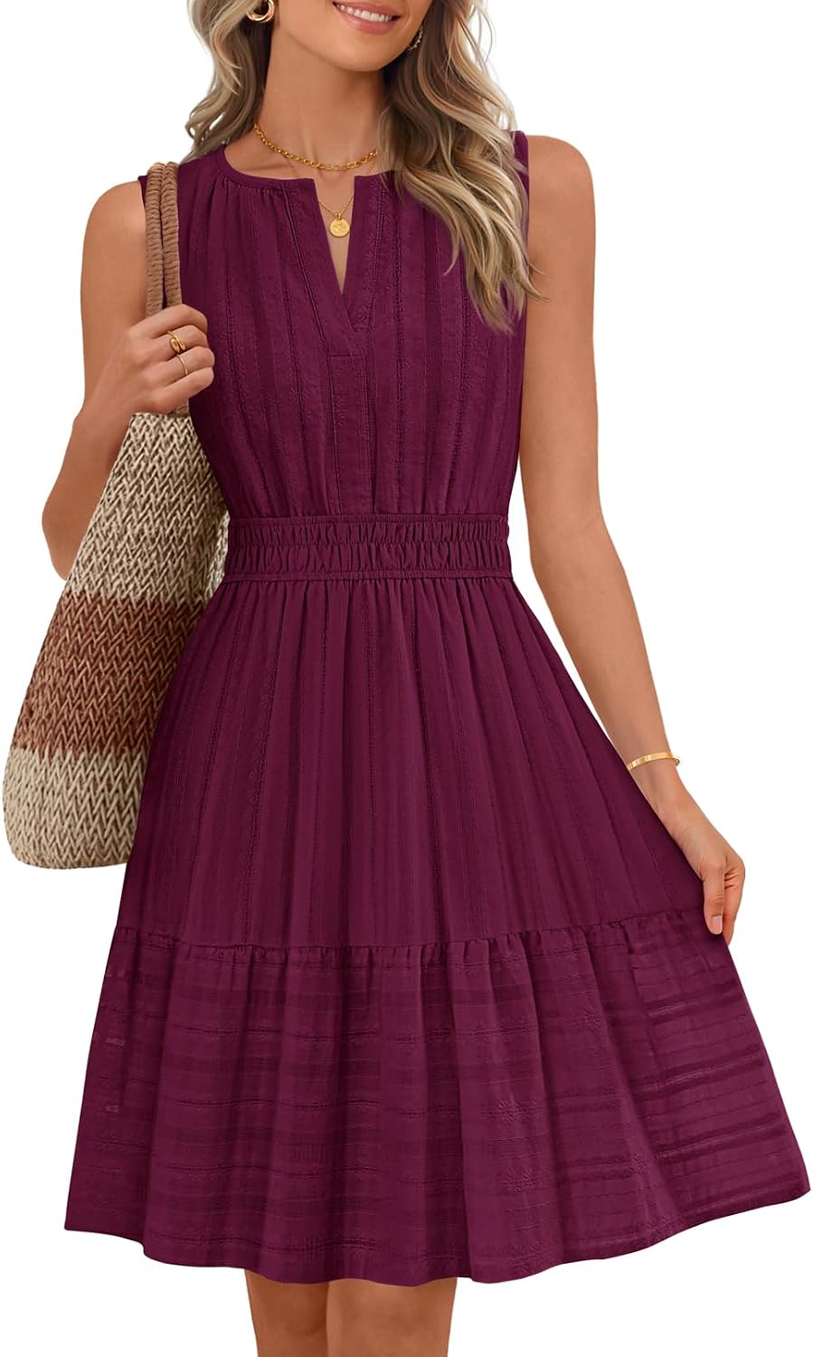 Sleeveless V-neck mini sundress with ruffle hem and elastic waist