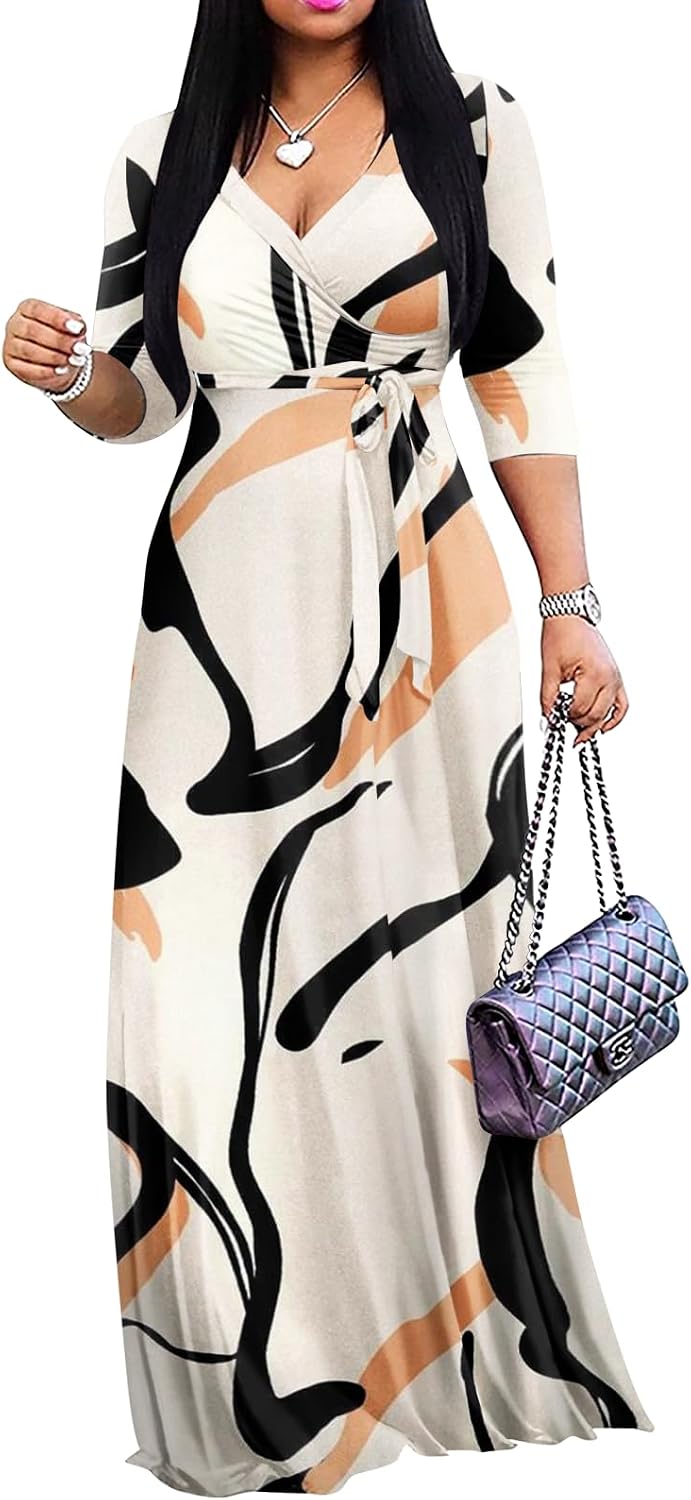 Wrap-style maxi dress with V-neck, 3/4 sleeves, and side pockets