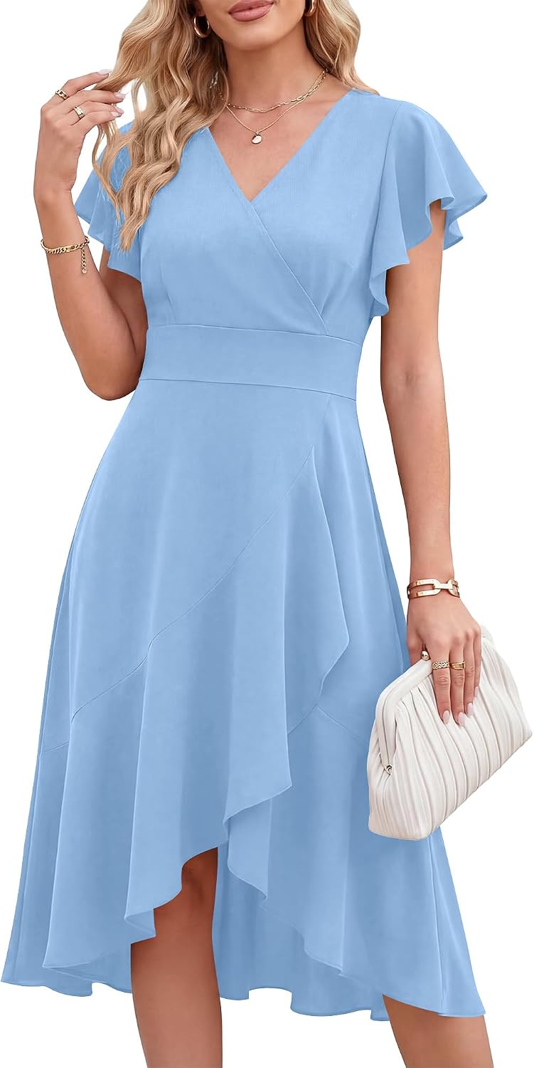 ANRABESS Womens Fall Wedding Guest Cocktail Semi Formal Wrap Midi Dresses | High-Low Ruffle Hem, V Neck A Line Flutter Sleeve, Elegant Classy, Ideal for Homecoming Prom, Evening Party