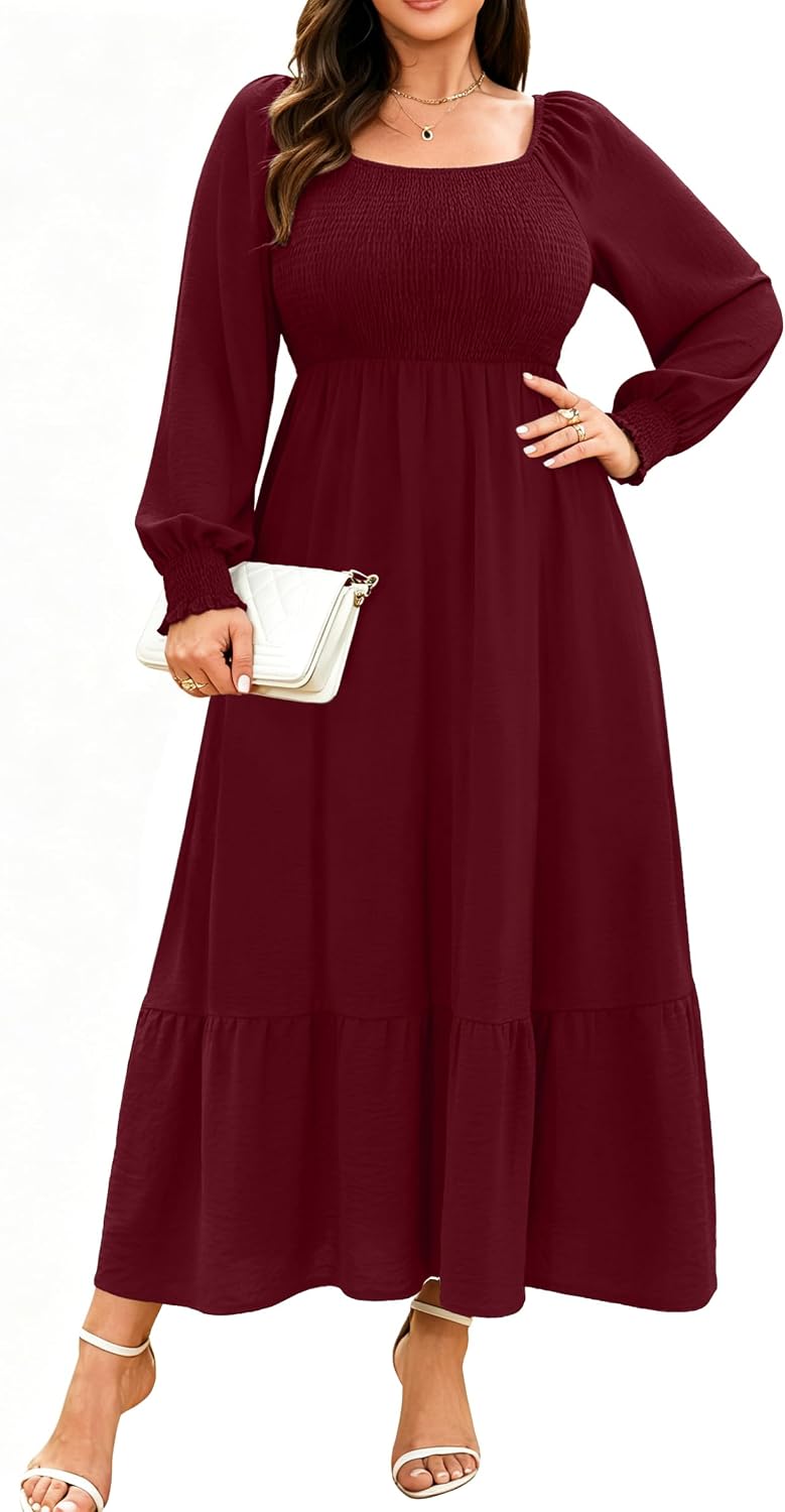 Plus size floral maxi dress with long sleeves and empire waist