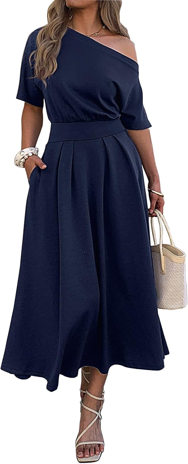 Three-quarter view of one-shoulder dress
