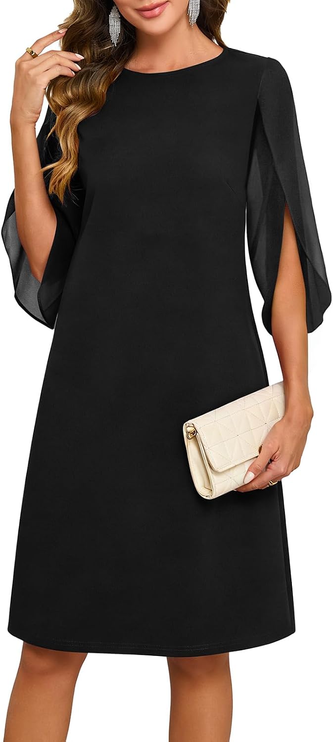 Chiffon midi dress with flutter sleeves and crew neckline