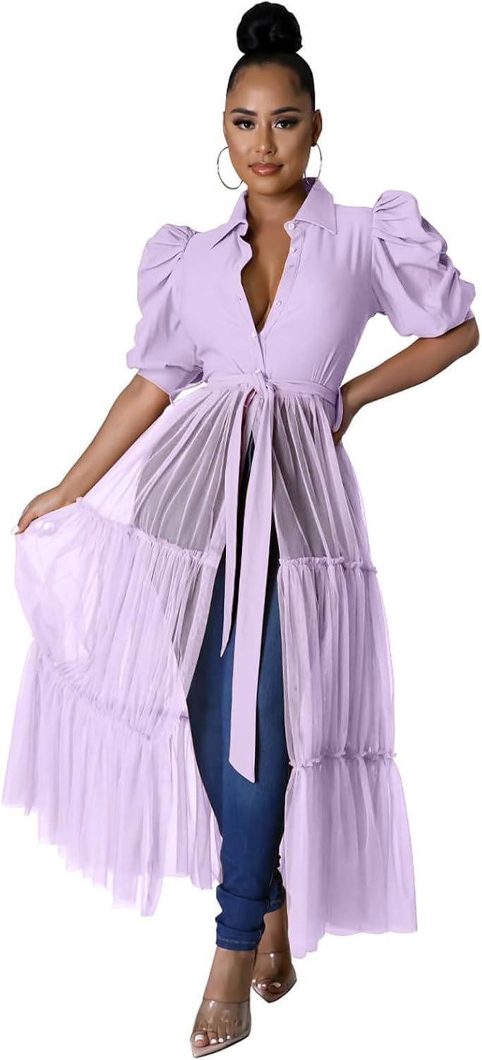 Ruffle tunic dress with belt and asymmetrical hem