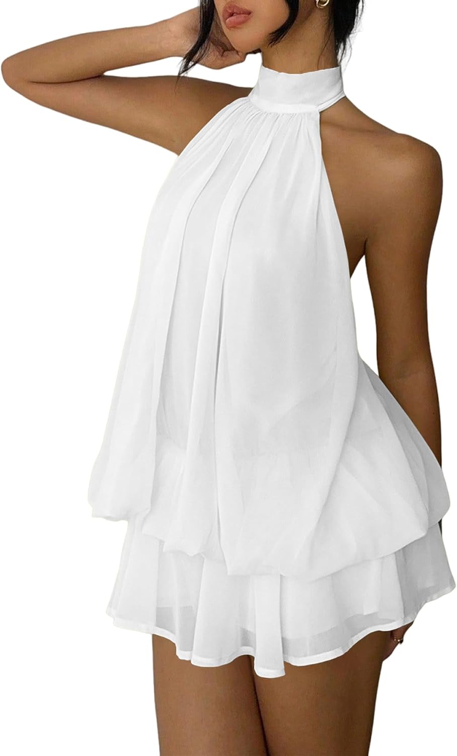 Chiffon halter mini dress with drop waist and ruffle detail