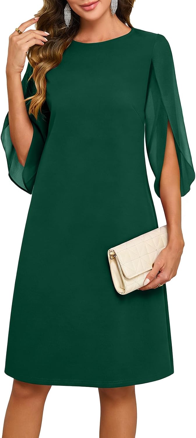 Chiffon midi dress with flutter sleeves and crew neckline