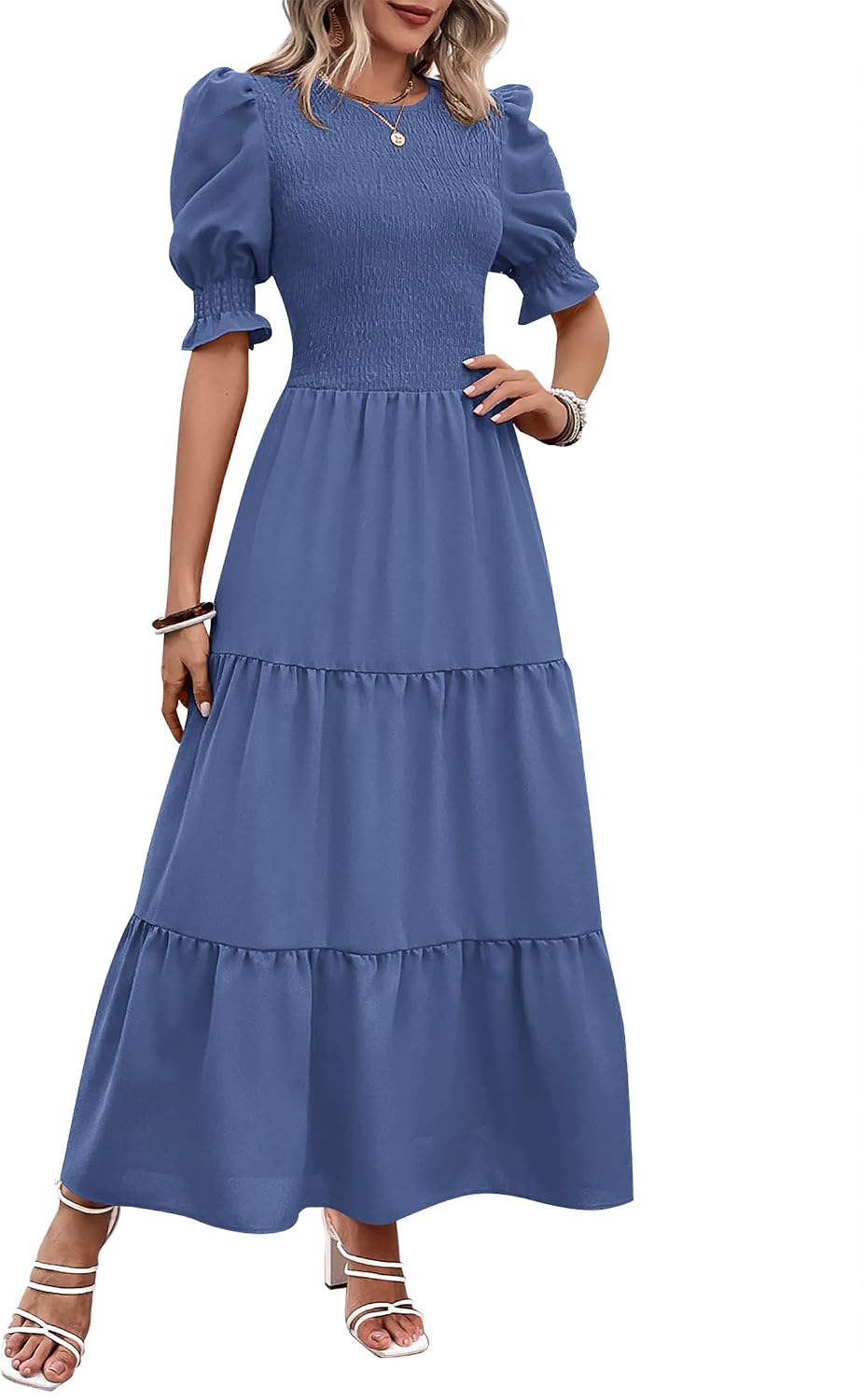 BTFBM Casual Maxi Summer Dresses for Women 2026 | Crew Neck, Puff Short Sleeve, Smocked Bust, Button Keyhole Back, Tiered, Flowy, Floral Boho Wedding Guest Dress With Pockets