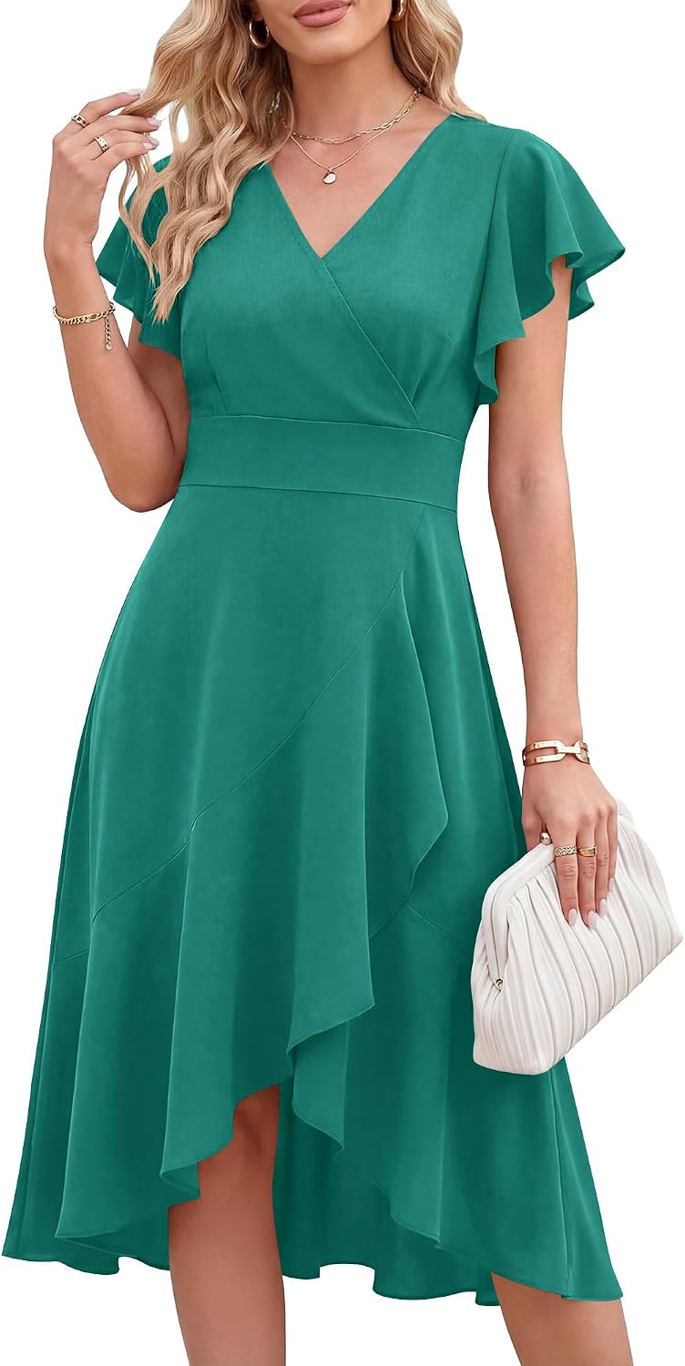 ANRABESS Womens Fall Wedding Guest Cocktail Semi Formal Wrap Midi Dresses | High-Low Ruffle Hem, V Neck A Line Flutter Sleeve, Elegant Classy, Ideal for Homecoming Prom, Evening Party