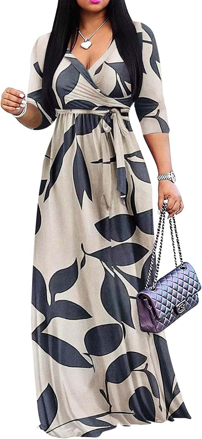 Wrap-style maxi dress with V-neck, 3/4 sleeves, and side pockets