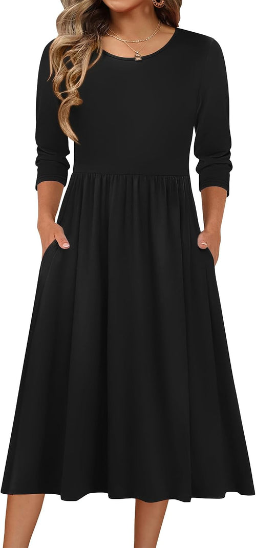 Front view of A-line midi dress with pockets