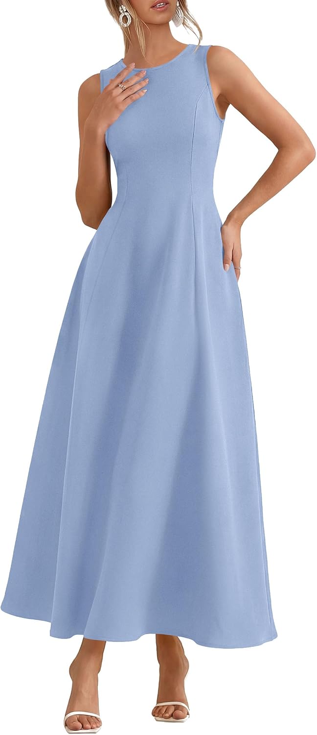 Sleeveless maxi tank dress with flared A-line skirt and pockets